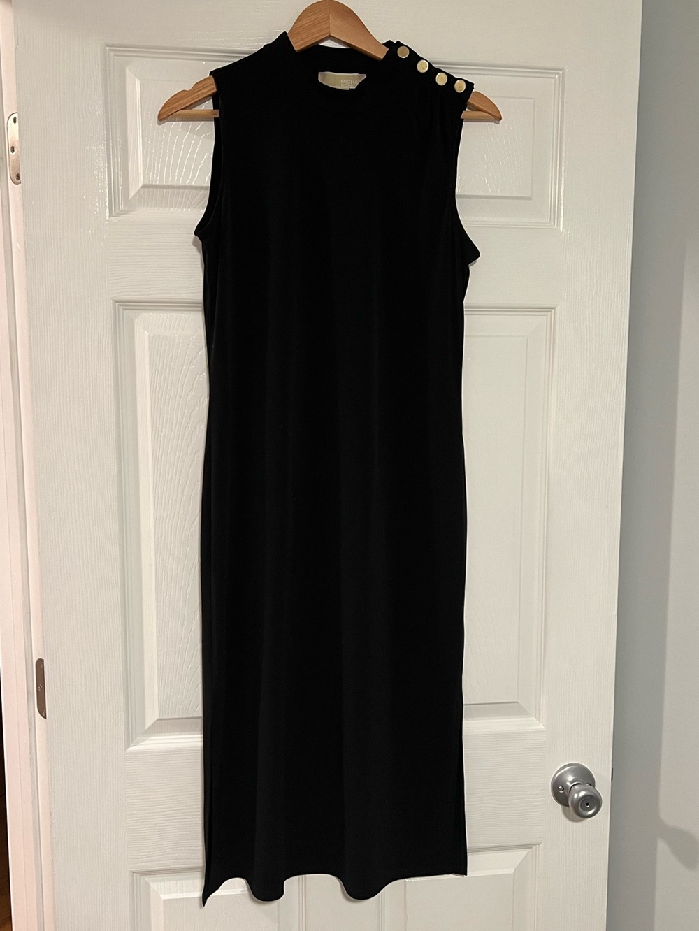 Michael Kors Black Sleeveless Midi Dress with Gold Shoulder Buttons